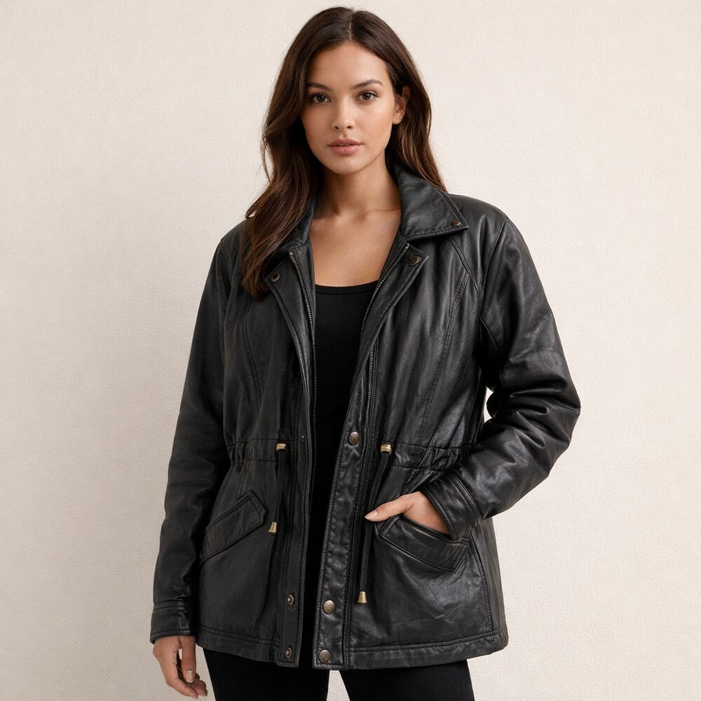 Leather Coat Size Large Snap accents Cinched waist